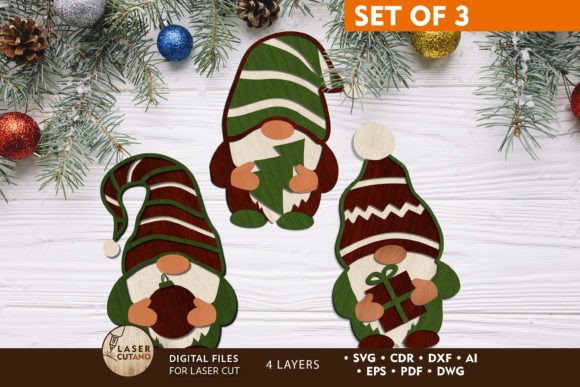 GNOMES CHRISTMAS ORNAMENTS SET, Wood Cut for Winter Amp